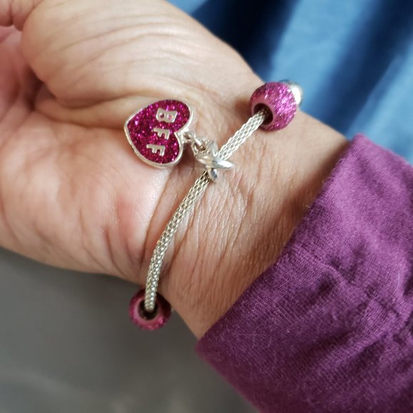 Silver Tone Hot Pink BFF Heart Beads Snake Chain Bracelet 8" Total L 2" Dia - Picture 10 of 11